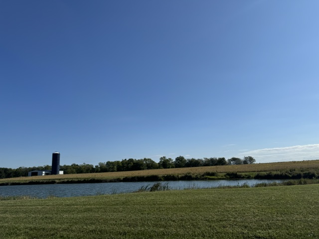 Farmland and a silo under a wide blue sky outside Mattoon, Illinois